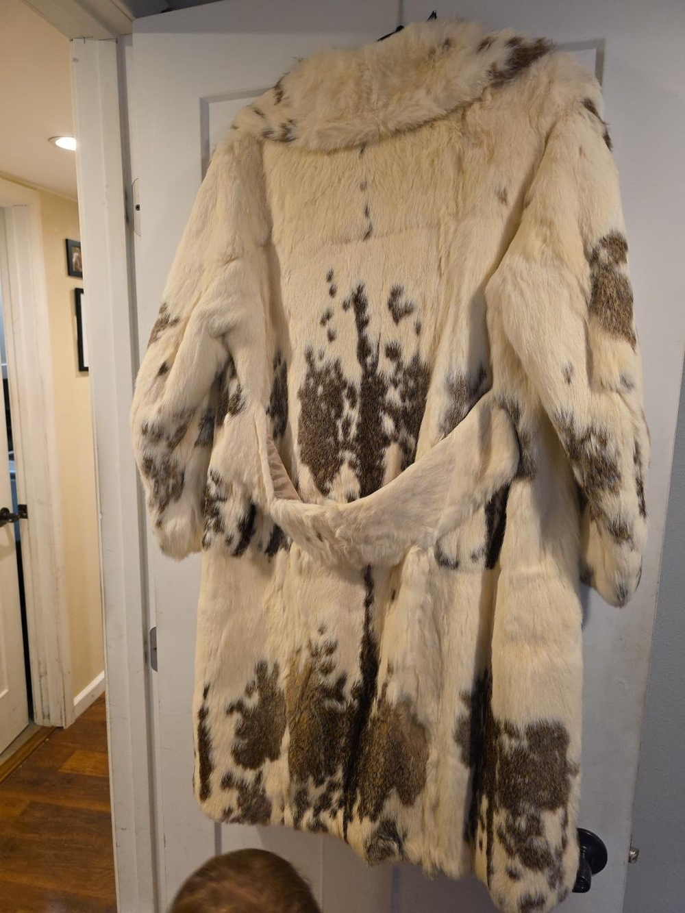 Cream and Brown Faux Fur Long Coat with Belt
